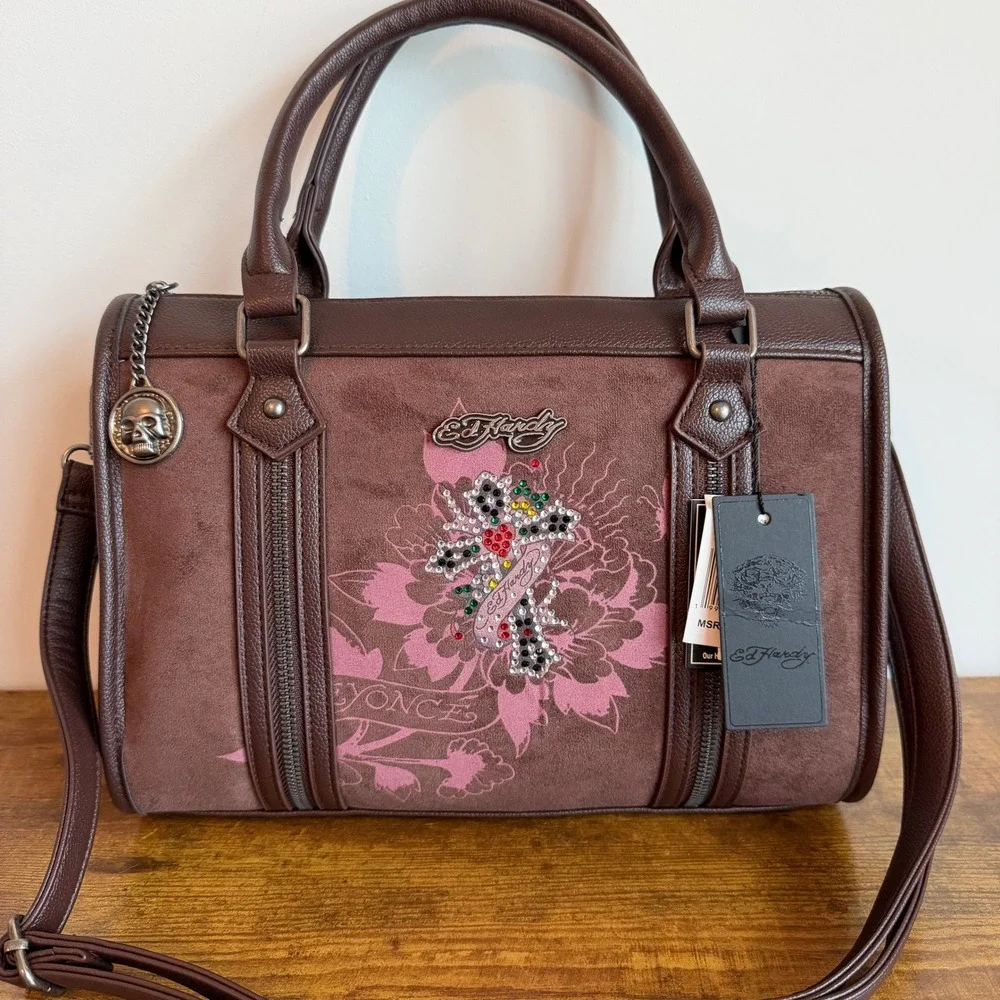 New Ed Hardy Beyoncé Brown Pink Satchel Crossbody Handbag Y2K Gothic Cross